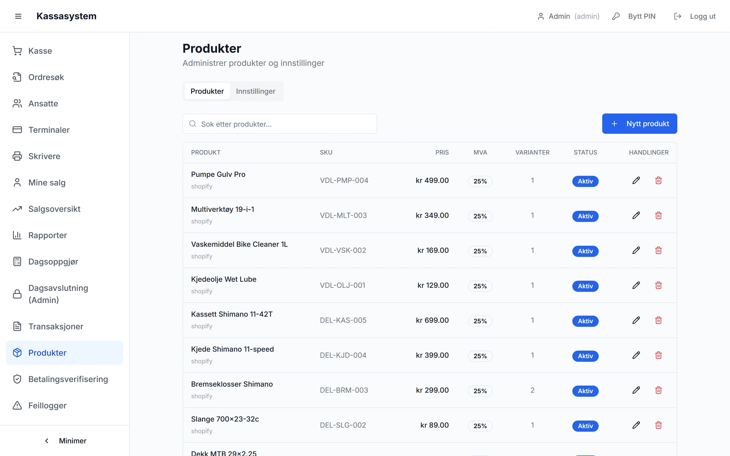Produktlisten i DriftSmart med SKU, pris, MVA-sats, antall varianter og status, synkronisert fra Shopify