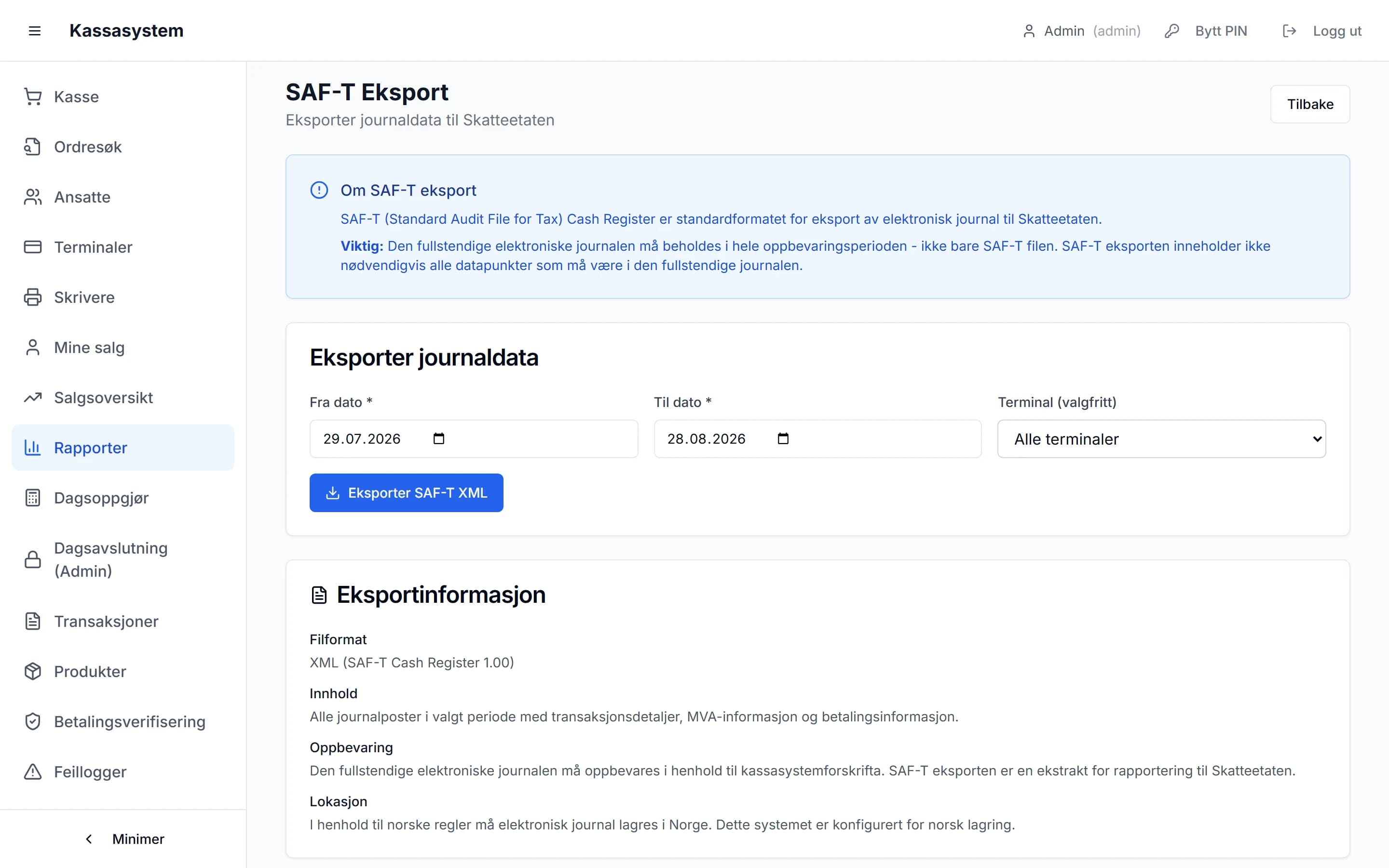 SAF-T-eksport i DriftSmart for innsending av elektronisk journal til Skatteetaten